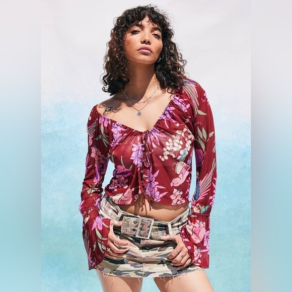 Free People Red Floral Print of Paradise Mesh Tie Front Crop Top Bell Sleeve - Picture 12 of 12